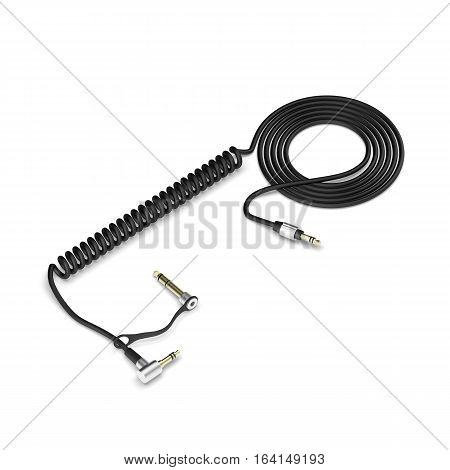 Black headphones cable isolated on white background 3d illustration render on a surface with shadows with adapter.