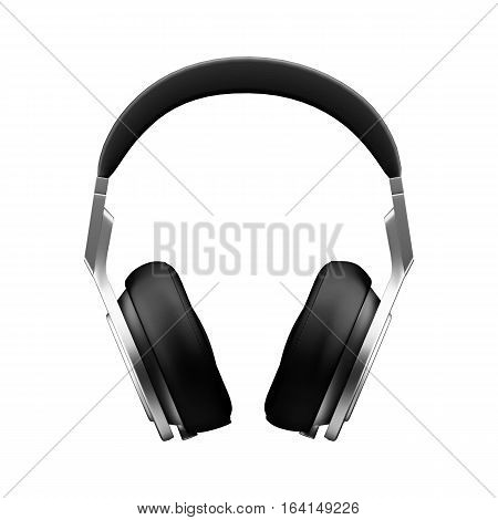 Black leather headphones isolated on white background d illustration render front view.
