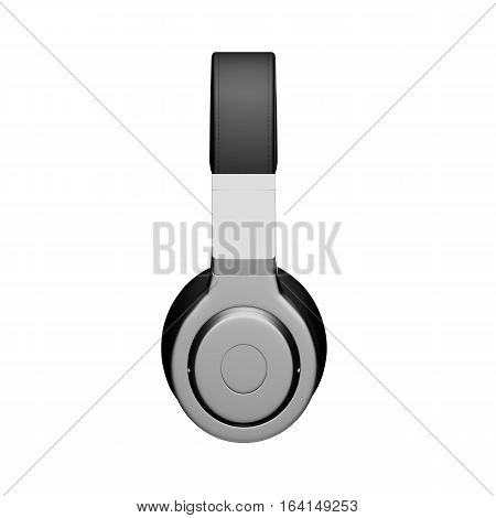 Black leather headphones isolated on white background d illustration render side view.