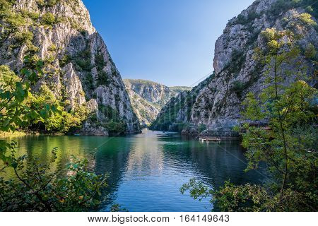Beautiful view of tourist attraction, lake at Matka Canyon in the Skopje surroundings. Macedonia.