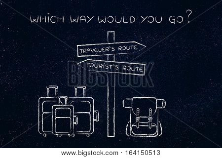Traveler Or Tourist: Crosspath With Road Sign And Bags