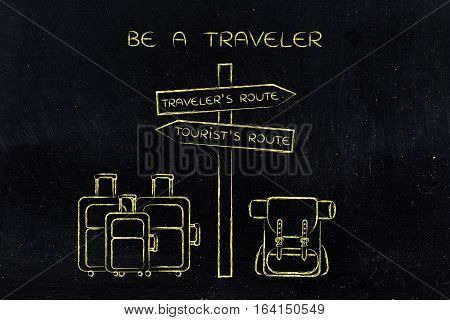 Traveler Or Tourist: Crosspath With Road Sign And Bags