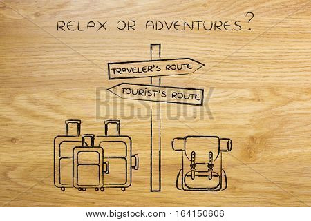 Traveler Or Tourist: Crosspath With Road Sign And Bags