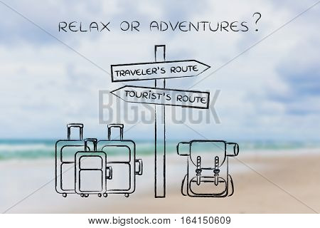 Traveler Or Tourist: Crosspath With Road Sign And Bags