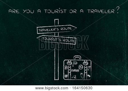 Traveler Or Tourist's Route: Crosspath With Road Sign And Bag