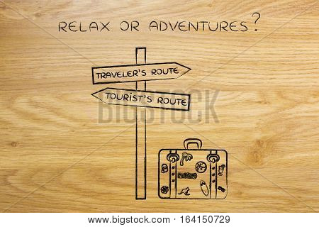 Traveler Or Tourist's Route: Crosspath With Road Sign And Bag