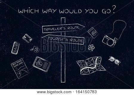 Traveler Or Tourist's Route: Crosspath Road Sign And Mixed Objects