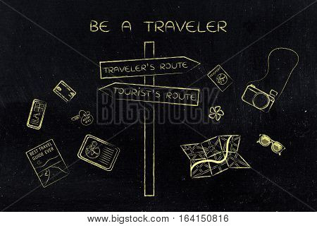 Traveler Or Tourist's Route: Crosspath Road Sign And Mixed Objects