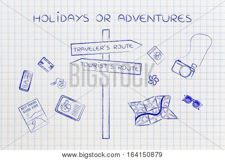 Traveler Or Tourist's Route: Crosspath Road Sign And Mixed Objects