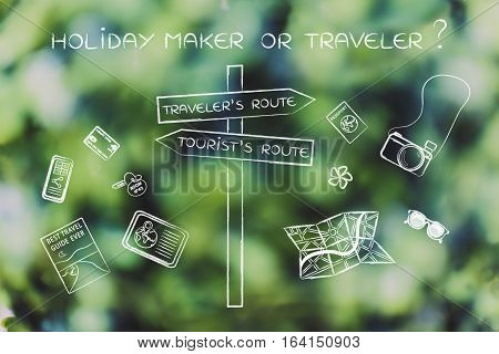 Traveler Or Tourist's Route: Crosspath Road Sign And Mixed Objects
