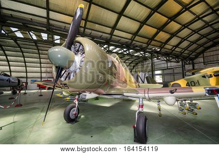 Madrid Spain - September 5 2015: Interior of an hangar with some rare vintage interceptor airplanes on September 52015 in Madrid air museum Spain.
