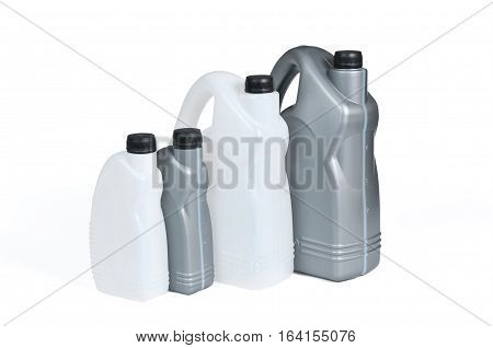 Plastic canisters for machine oil isolated on white background.