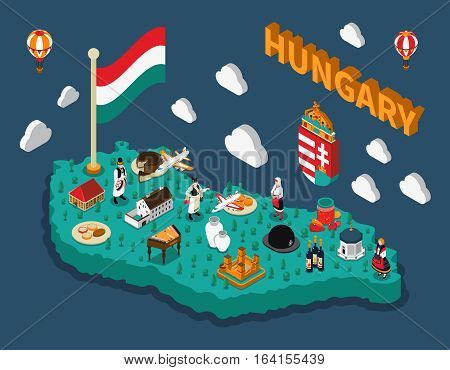 Hungary isometric touristic map with hungarian flag buildings dishes and people in national costumes vector illustration