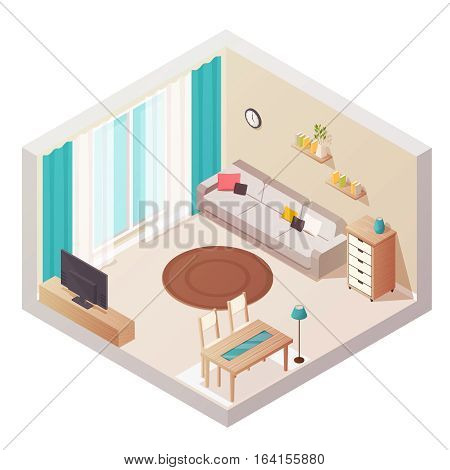 Sitting room isometric interior design composition with cumbersome objects lounge furniture window and books on shelves vector illustration