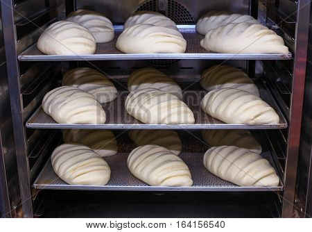 Raw bread on a baking sheet ready for baking. Preparation for a bread baking.