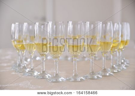 Restaurant champagne glasses arrangements for wedding reception
