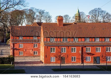 Copenhagen, Denmark - January 05, 2017: Red houses in the histroical fortress Kastellet