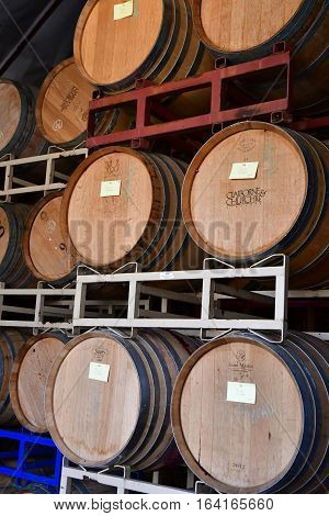 San Luis Obispo USA - july 15 2016 : barrel in the cellar of the Claiborne and Churchhill winery