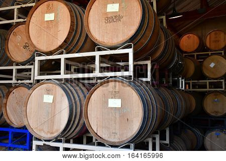 San Luis Obispo USA - july 15 2016 : barrel in the cellar of the Claiborne and Churchhill winery