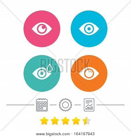 Eye icons. Water drops in the eye symbols. Red eye effect signs. Calendar, cogwheel and report linear icons. Star vote ranking. Vector