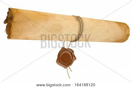 Ancient scroll with wax seal. Old paper sheet. Conceptual illustration. Isolated on white background. 3D illustration. 3D rendering