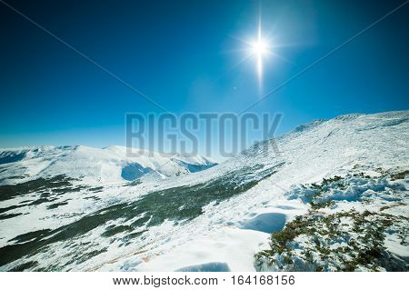 Winter in the mountains national park. Snowy and sunny