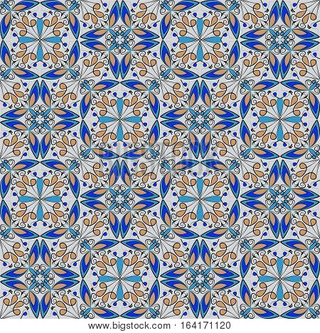 Fine Oriental Colorful Carpet Or Ceramic Ornament In Orange And Blue Colors With White Curves On Bla