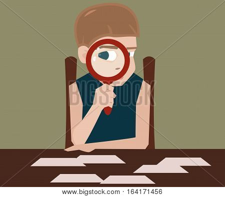 boy with magnifying glass - vector cartoon illustration of young explorer