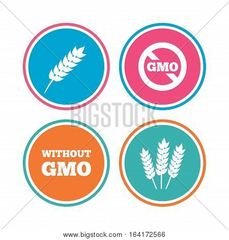 Agricultural icons. Gluten free or No gluten signs. Without Genetically modified food symbols. Colored circle buttons. Vector
