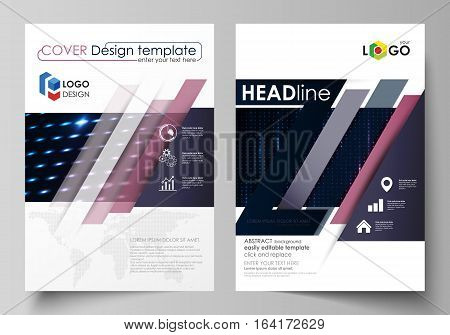 Business templates for brochure, magazine, flyer, booklet or annual report. Cover design template, easy editable vector, abstract flat layout in A4 size. Abstract colorful neon dots, dotted technology background. Glowing particles, led light pattern, futu