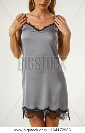Beautiful sexy fitness blonde posing in lingerie on white background, catalog, book