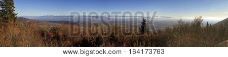 Panoramic view on Mont Blanc massif and Alps mountains from Jura passby winter, France