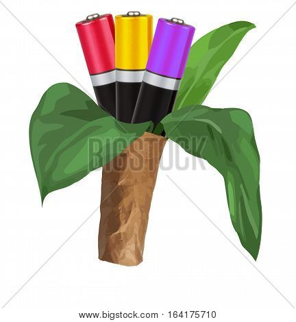 Environmental-friendly energy sources. Bouquet with green leaves or three AAA batteries in the form of flowers, isolated, white background