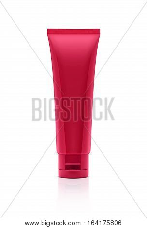 blank packaging crimson red cosmetic plastic tube isolated on white background with clipping path ready for product design