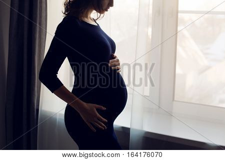 young pregnant girl in a blue bodycon dress standing at the window of the house