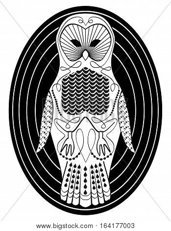 Stylized owl with patterned body surfaces symmetric bird drawing in white and black design on oval shape background useful as tattoo template or club emblem