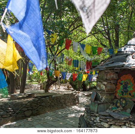 DHARAMSALA, INDIA. 2 Jun 2009: Sacred prayer flags at sacred stupas, Dharamshala. Western Himalayas, Himachal Pradesh, district of Kangra.