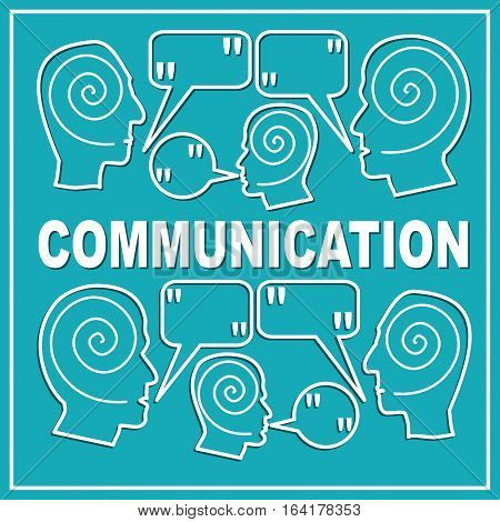 Communication presentation slide template with people heads and speak bubbles with quote. White outline design on trendy green background. Accompanying graphics to soft skills training or workshop