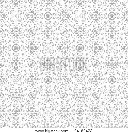Low contrasting vintage ornament gray drawing on white background. Repeating filigree geometric patterns in victorian style.