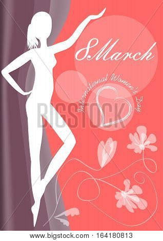 International Women's Day with white woman body silhoutte. Abstract shapes, circles, flowers and grunge heart. Theme in deep purple and vivid tropical rosa color with white drawing