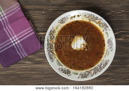 Russian cabbage soup (Shchi) in ceramic bowl
