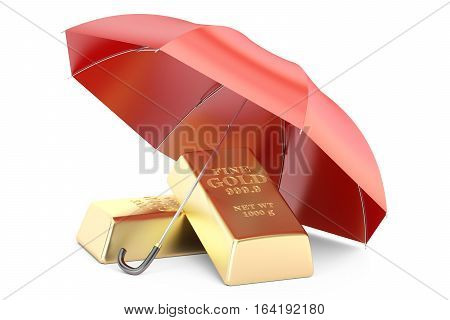 gold bars with umbrella financial insurance and business stability concept. 3D rendering isolated on white background