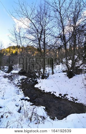snowy forest and river at Pavliani village near to Oeta mountain Phthiotis Central Greece