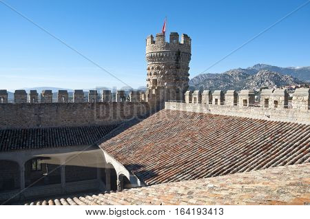 Detail of the New Castle of Manzanares el Real Madrid Province Spain. Also known as Castle of los Mendoza is a palace-fortress erected in the 15th century