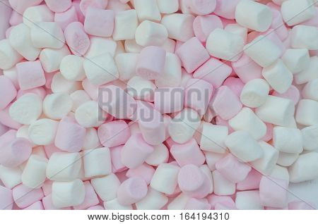 Pink and white mini marshmallows background close-up texture. A pile of different mini puffy marshmallows. Marshmallow concept. Wallpaper for desktop. Top view.