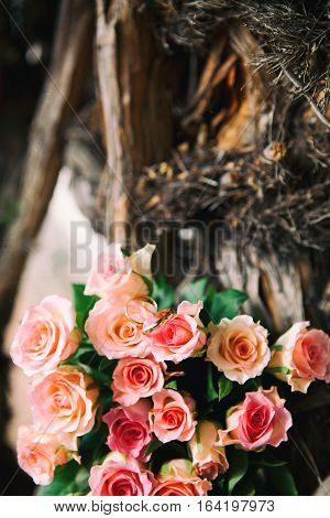Wedding rings and bridal bouquet lying on a tree stump in the woods.