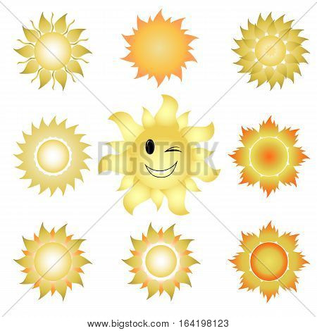 Nine icons of suns of different shapes with a smile.