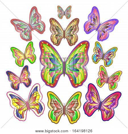 Twelve bright motley butterflies of different sizes. Vector illustration