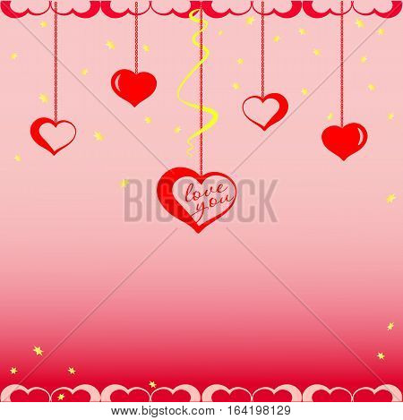 Red hearts on chains with gold stars. Vector illustration