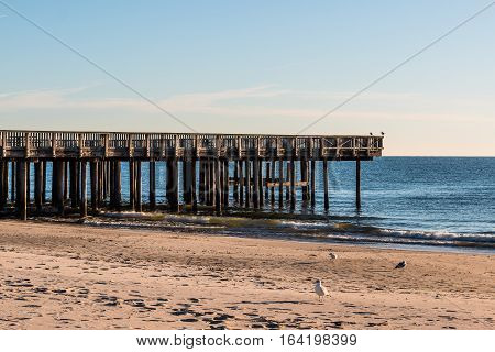 Buckroe Beach viewing pier with sandy beach in Hampton, Virginia.